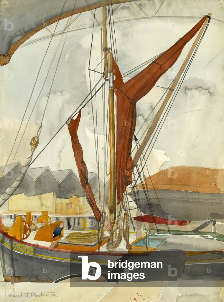 Skipper on his boat in the harbour (w/c on paper)