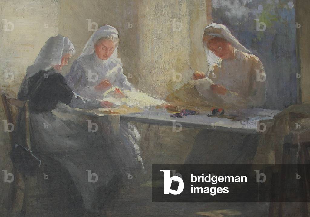 Kensington War Hospital Supply Depot (Kensington Square), Three nurses sitting at a table sewing, c.1916 (oil on canvas board)
