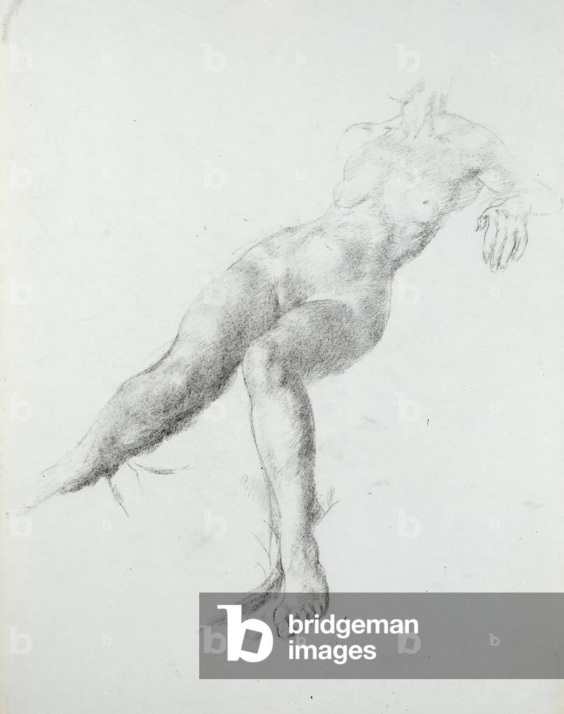 Reclining female nude, resting on her left elbow (pencil on paper) 