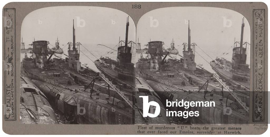 Fleet of murderous U boats, the greatest menace that ever faced our Empire, surrender at Harwich, November 1918 (stereoscopic print)