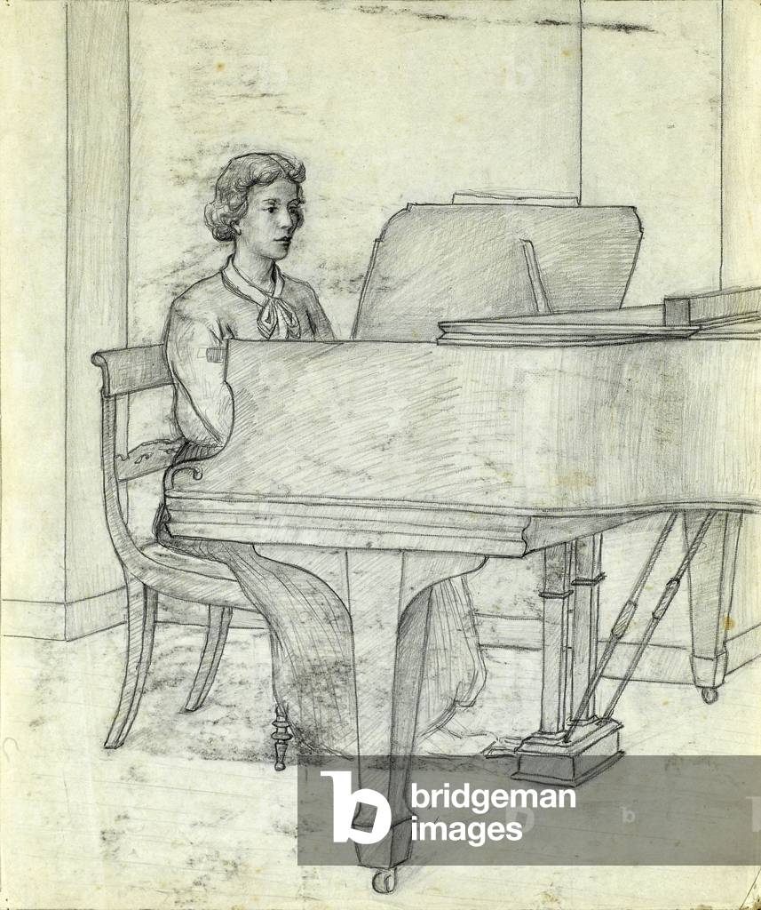 Study for Rosamond Ley seated at her piano, c.1935 (pencil on paper)