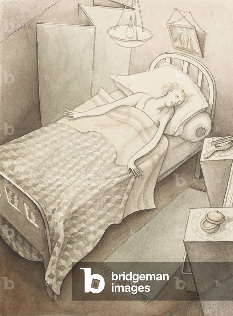 Schlafzimmer Szene (w/c, Stift & Tinte auf Papier)