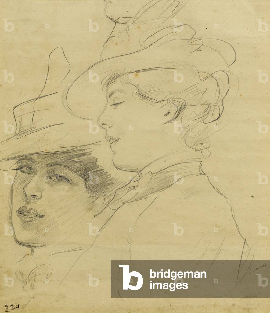 Head of a woman wearing a decorated hat, profile and three quarter view, c.1900 (pencil on light brown paper) 