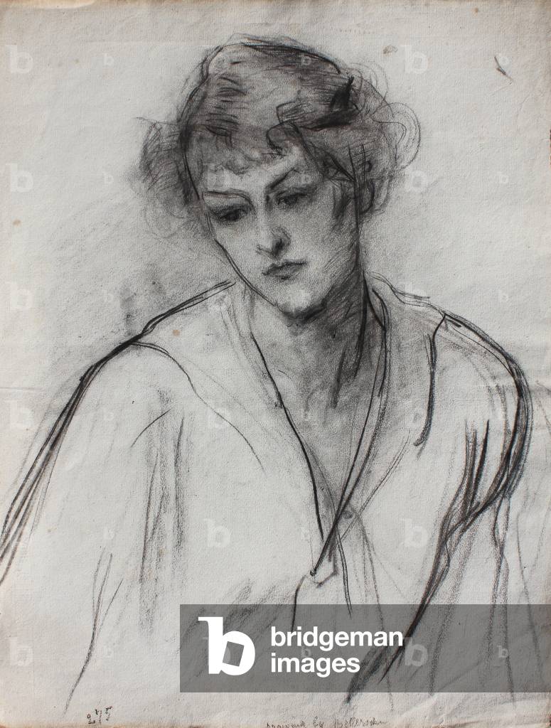 Half length portrait of a young girl, leaning forward, c.1910 (black chalk on paper)
