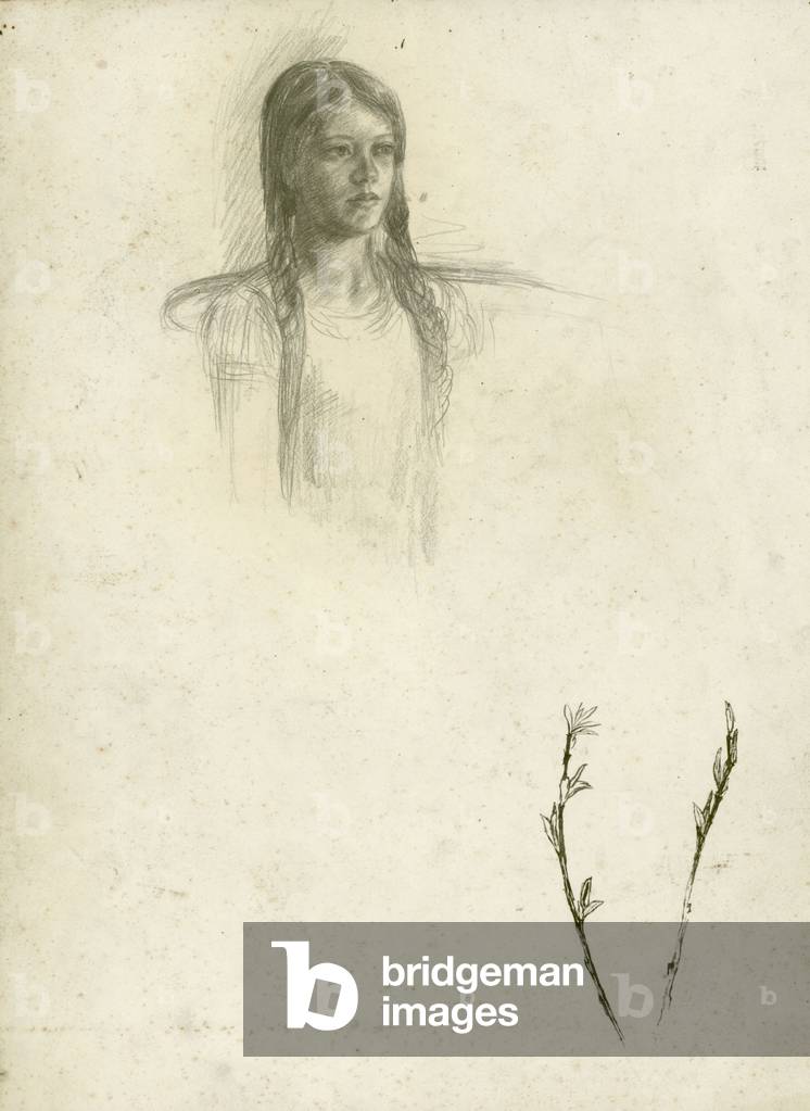 Sheet of studies: Portrait of a young girl and study of Broom (pencil, pen & ink on paper) 