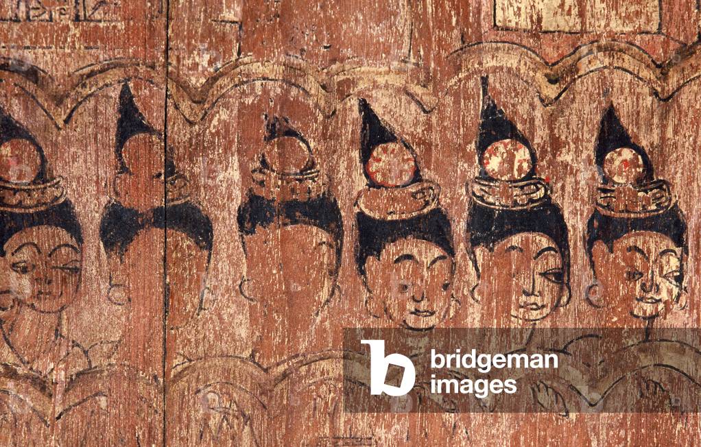 A series of walking damsels painted on the eaves of the roof of Viharn Nam Tam (paint on wood)