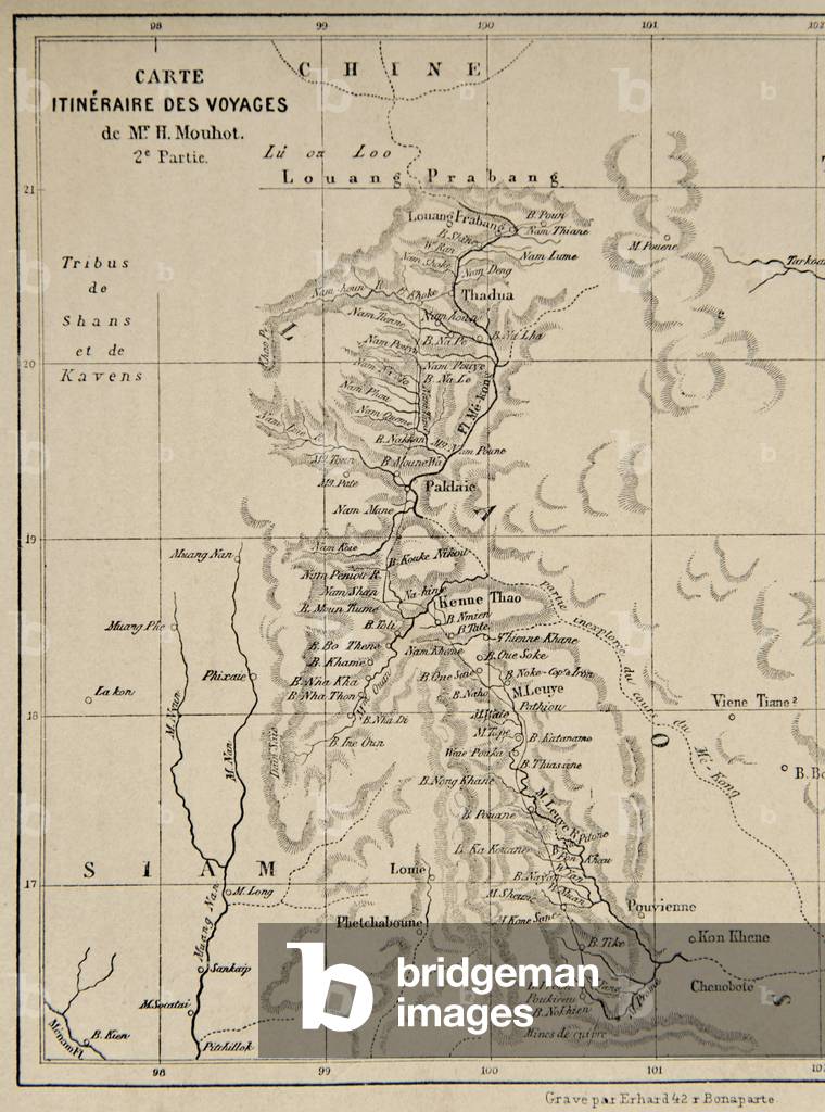 Map of Laos and the Mekong river showing the route of the voyage of Henri Mouhot, illustration from 'Travels in the Central Parts of Indo-China (Siam), Cambodia, and Laos During the Years 1858, 1859, and 1860' by M. Henri Mouhot, published 1864 (engraving)