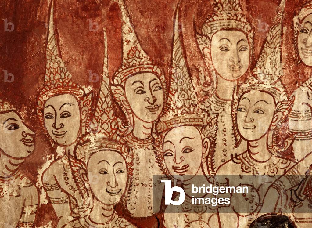 Detail of the mural paintings showing celestial deities dating from the late Ayutthaya period (paint on stone)