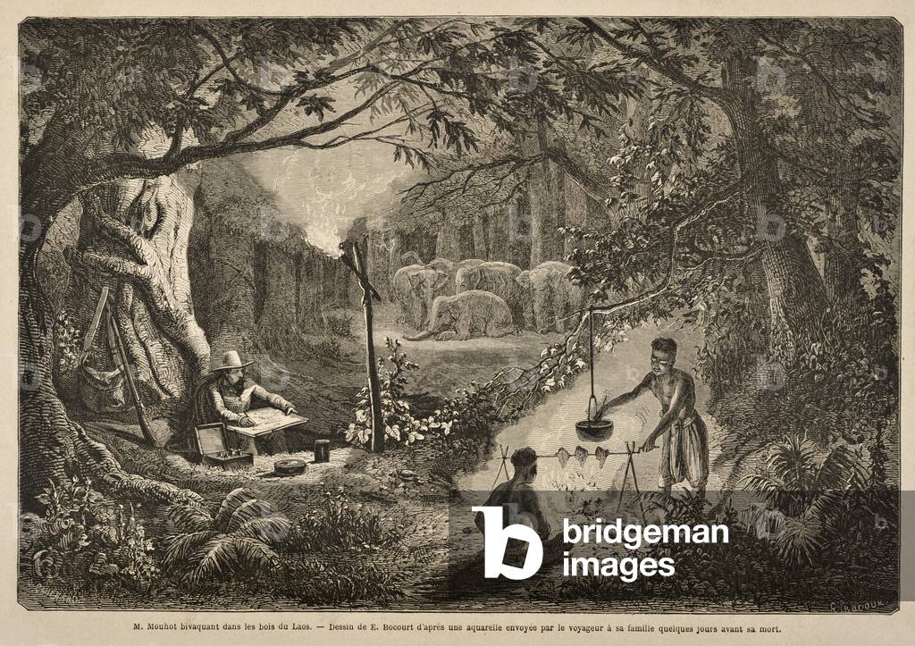 Henri Mouhot Camping in the Jungles of Laos, illustration from 'Travels in the Central Parts of Indo-China (Siam), Cambodia, and Laos During the Years 1858, 1859, and 1860' by M. Henri Mouhot, published 1864 (engraving)