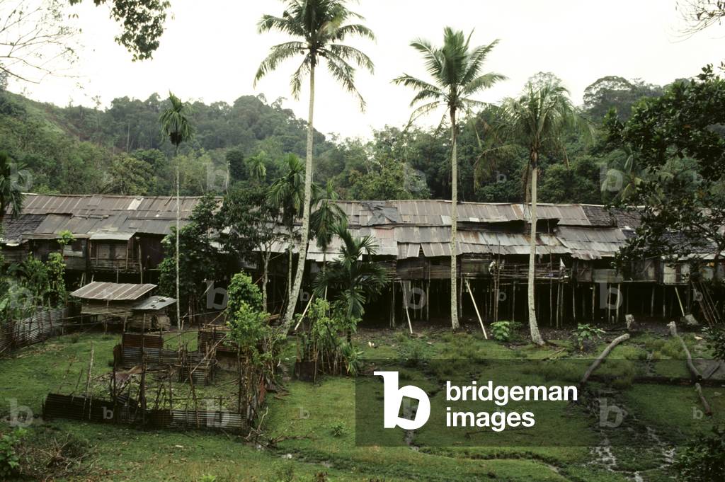 Dayak Iban longhouse named Rumah Along at Nanga Sumpa village, Sarawak, Malaysia (photo)