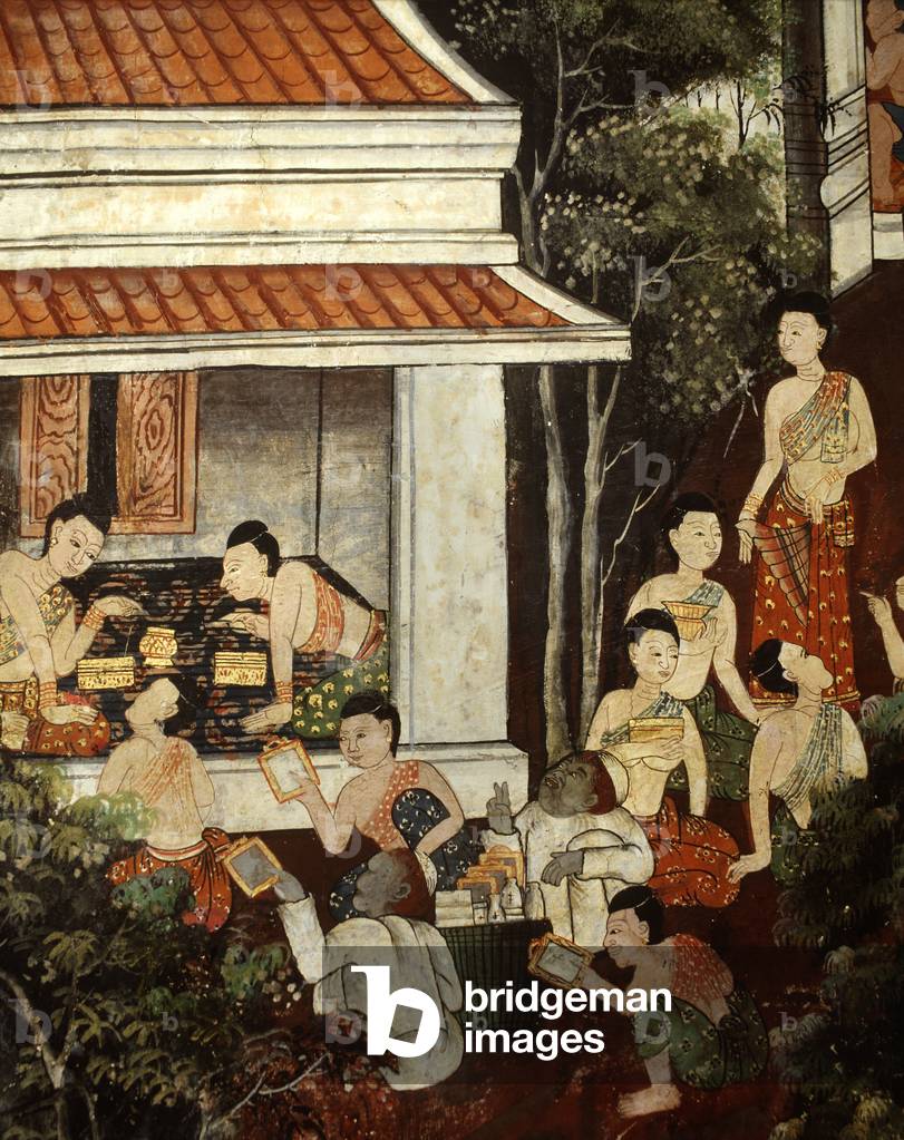Palace ladies buying jewellery and mirrors from Muslim merchants, Rattanakosin style (wall painting)