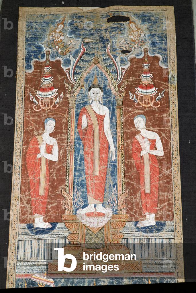 "Bandiera raffigurante Buddha in piedi con due discepoli", 19th Secolo di Thai School