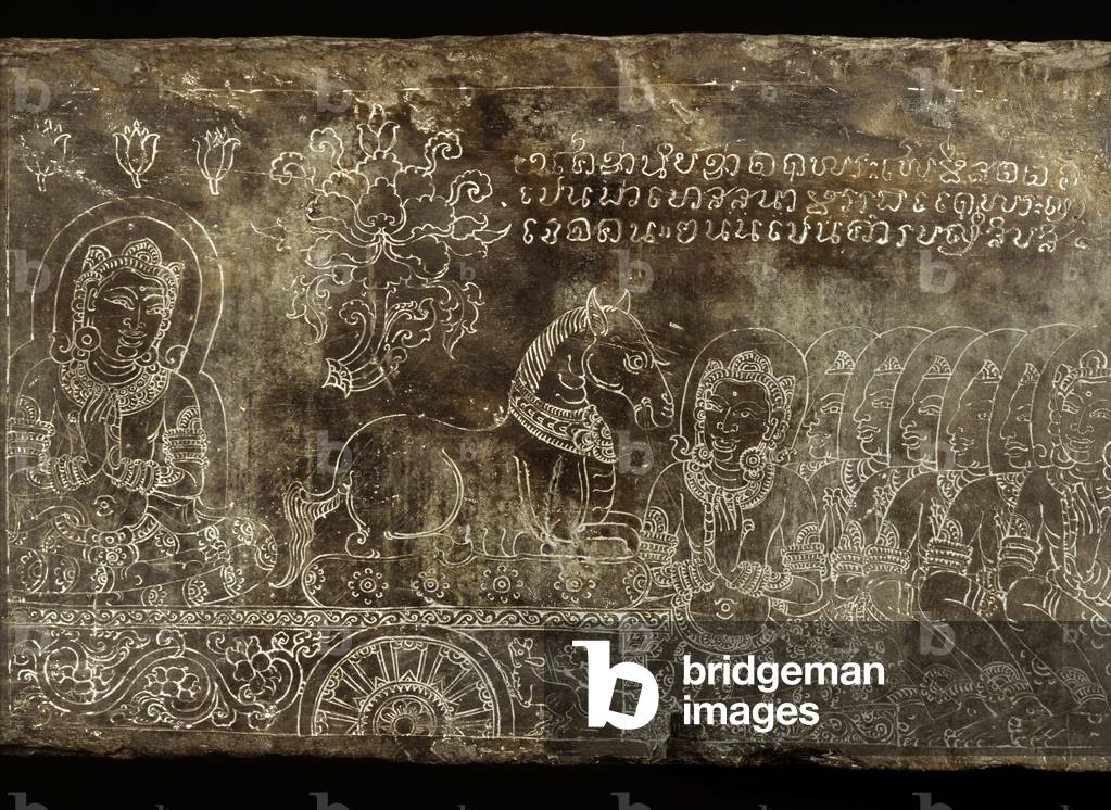 Engraved stone panel depicting the Bhojajania Jataka Tale, from Wat Si Chum, Sukhothai, 14th-15th century