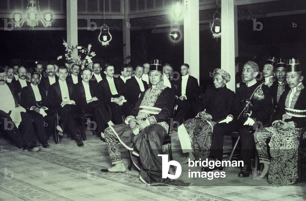 Mangkunegara VIII with Dutch officials at the Royal Palace, Surakarta, Java (b/w photo)