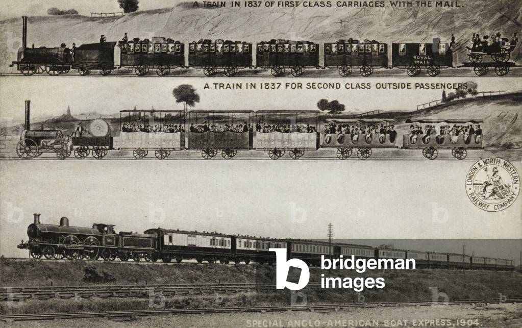 A Train in 1837 of First Class Carriages with the Mail; A Train in 1837 for Second Class Outside Passengers; Special Anglo-American Boat Express, 1904 (b/w photo)