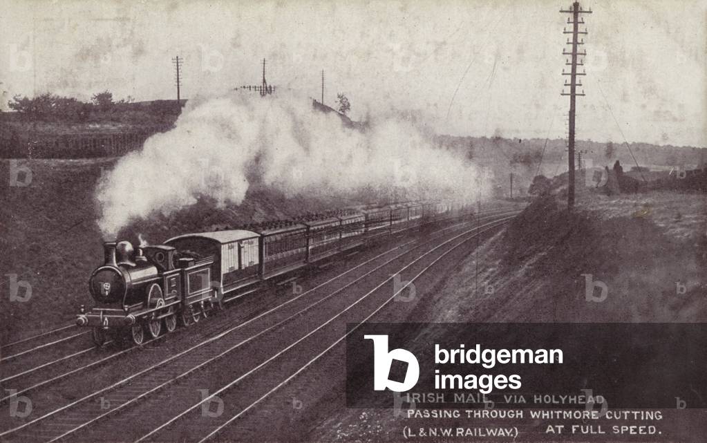 Irish Mail via Holyhead, passing through Whitmore Cutting at full speed (b/w photo)
