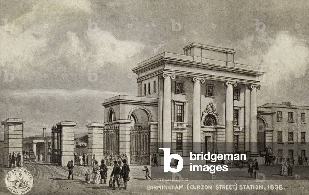Entrance to Birmingham (Curzon Street) Station, 1838 (litho)