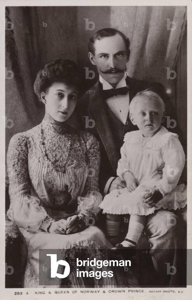 King and Queen of Norway, and Crown Prince (b/w photo)
