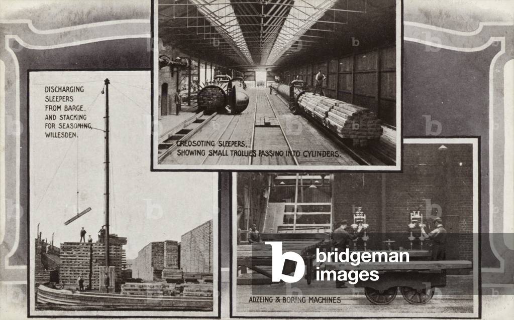 Discharging sleepers from barge, and stacking for seasoning, Willesden; Creosoting sleepers, showing small trollies passing into cylinders; Adzeing and Boring Machines (b/w photo)