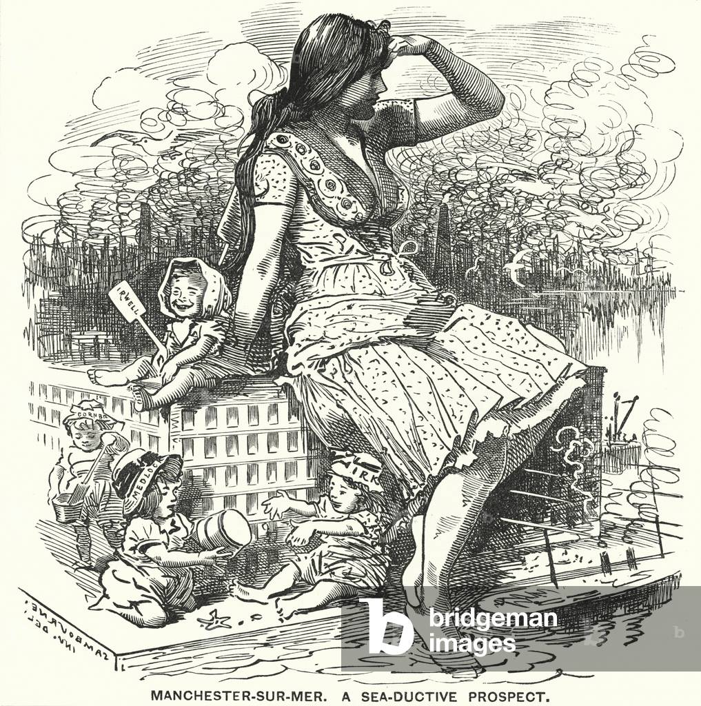 Punch cartoon: Manchester-sur-Mer. A Sea-Ductive Prospect - the Manchester Ship Canal (engraving)