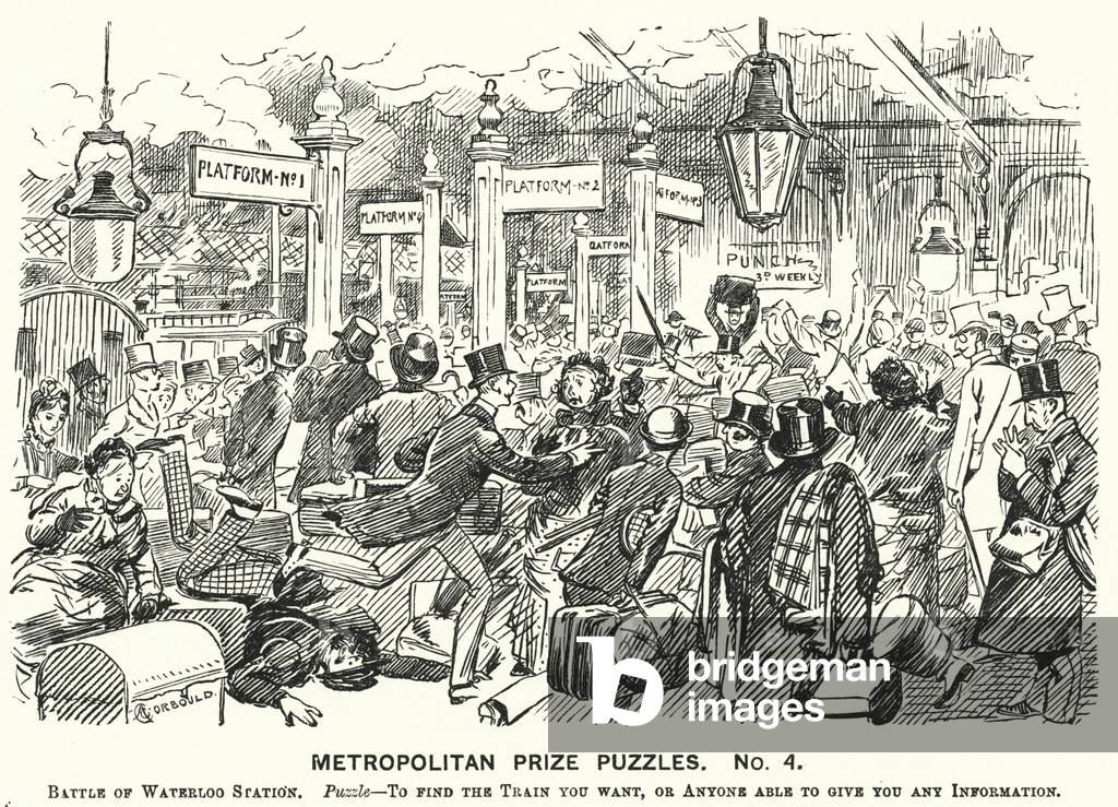 Punch cartoon: chaotic scenes at Waterloo Station, London (engraving)