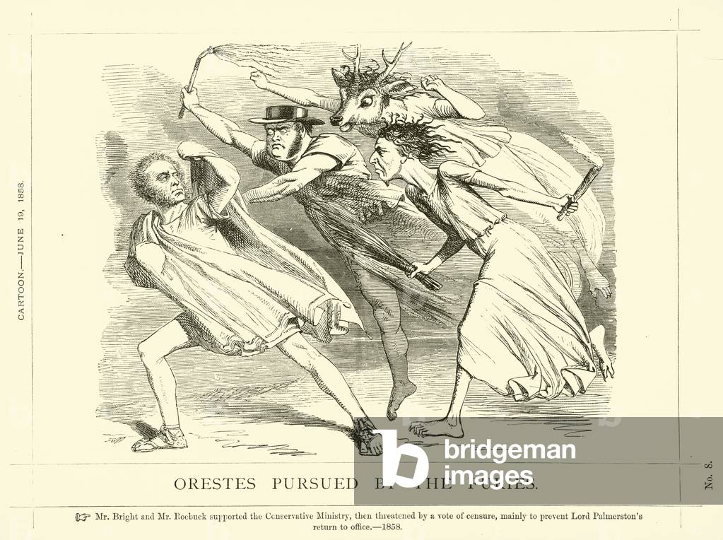 Punch cartoon regarding John Bright: Orestes Pursued By The Furies, 19 June 1858 (engraving)