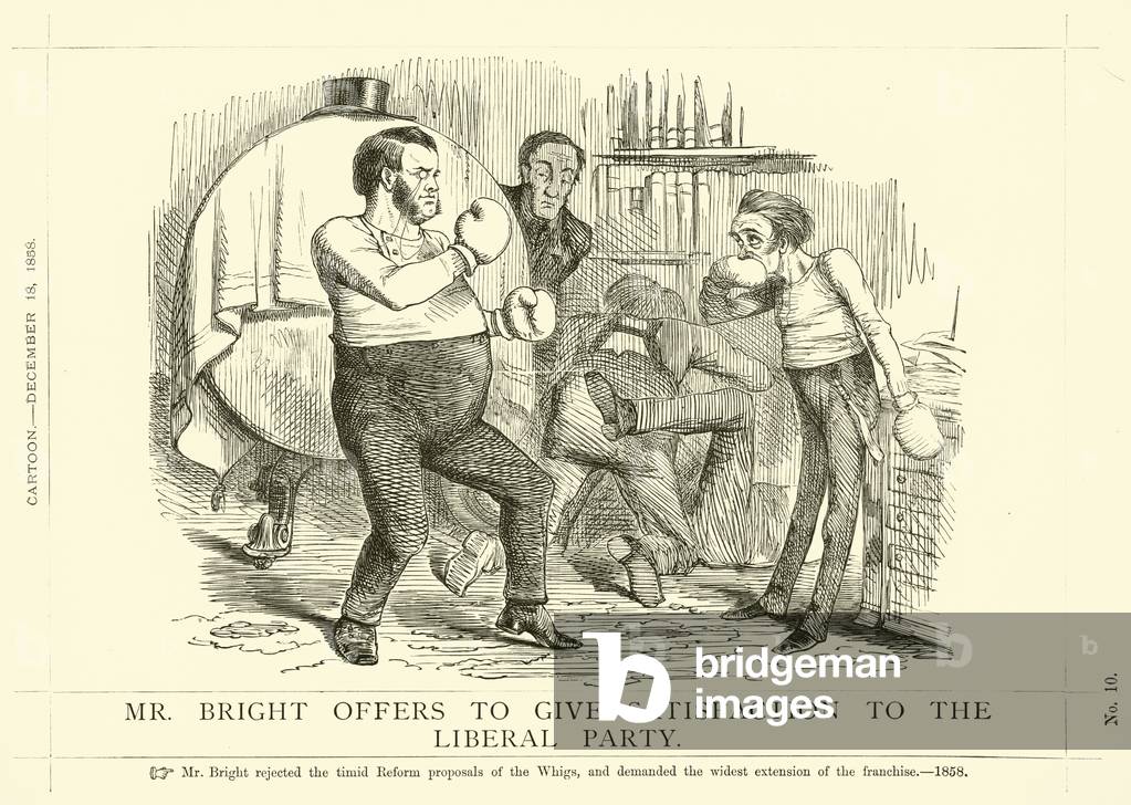 Punch cartoon regarding John Bright: Mr Bright Offers To Give Satisfaction To The Liberal Party, 18 December 1858 (engraving)