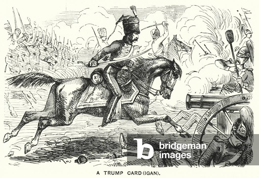 Punch cartoon: A Trump Card(igan) - James Brudenell, 7th Earl of Cardigan, leading the Charge of the Light Brigade at the Battle of Balaclava during the Crimean War (engraving)