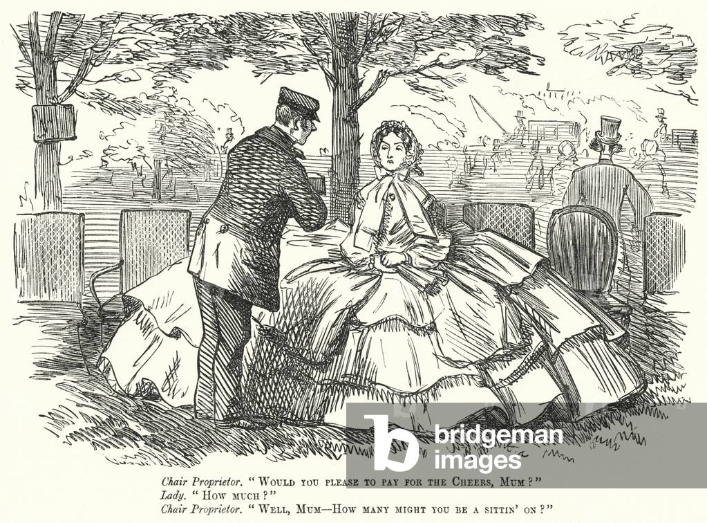 Punch cartoon: Victorian women's fashion - the wide hoop skirt (engraving)