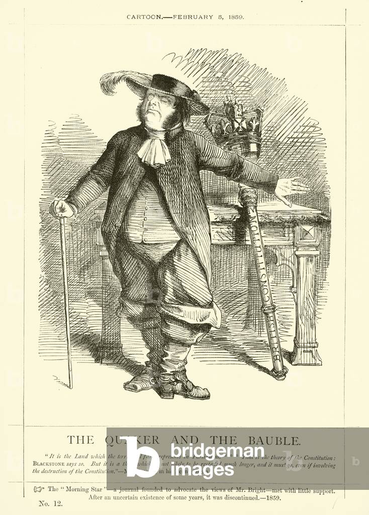 Punch cartoon regarding John Bright: The Quaker And The Bauble, 5 February 1859 (engraving)
