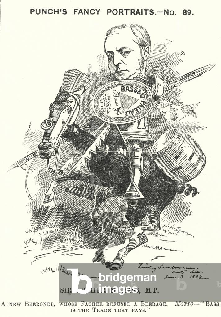Punch cartoon: Sir Michael Arthur Bass, 1st Baron Burton, English brewer, Liberal politician and philanthropist (engraving)