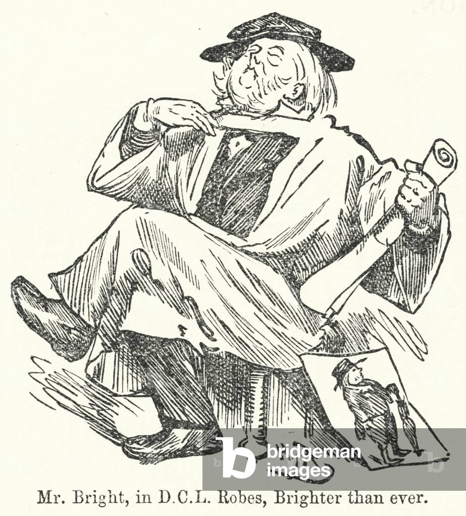 Punch cartoon: John Bright, English Radical and Liberal politician in the robes of an honorary Doctor of Civil Law from Oxford University (engraving)