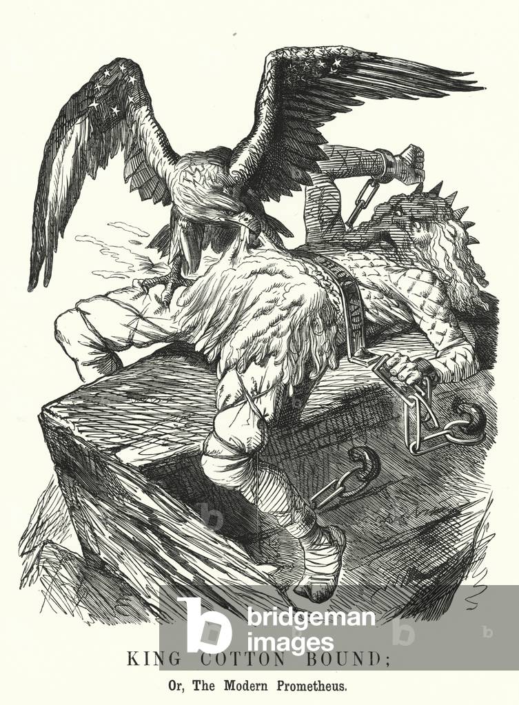 Punch cartoon: King Cotton Bound; or, the Modern Prometheus - the Union blockade of Confederate ports during the American Civil War (engraving)