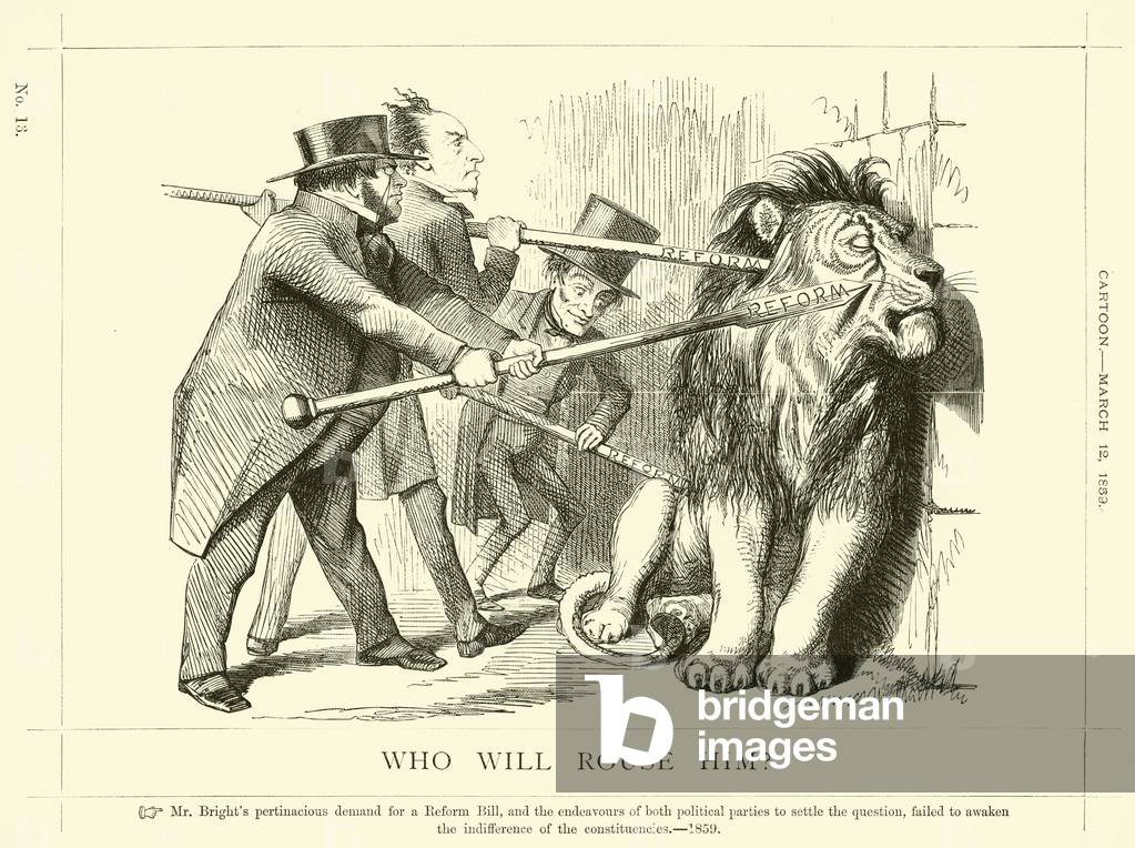 Punch cartoon regarding John Bright: Who Will Rouse Him?, 12 March 1859 (engraving)