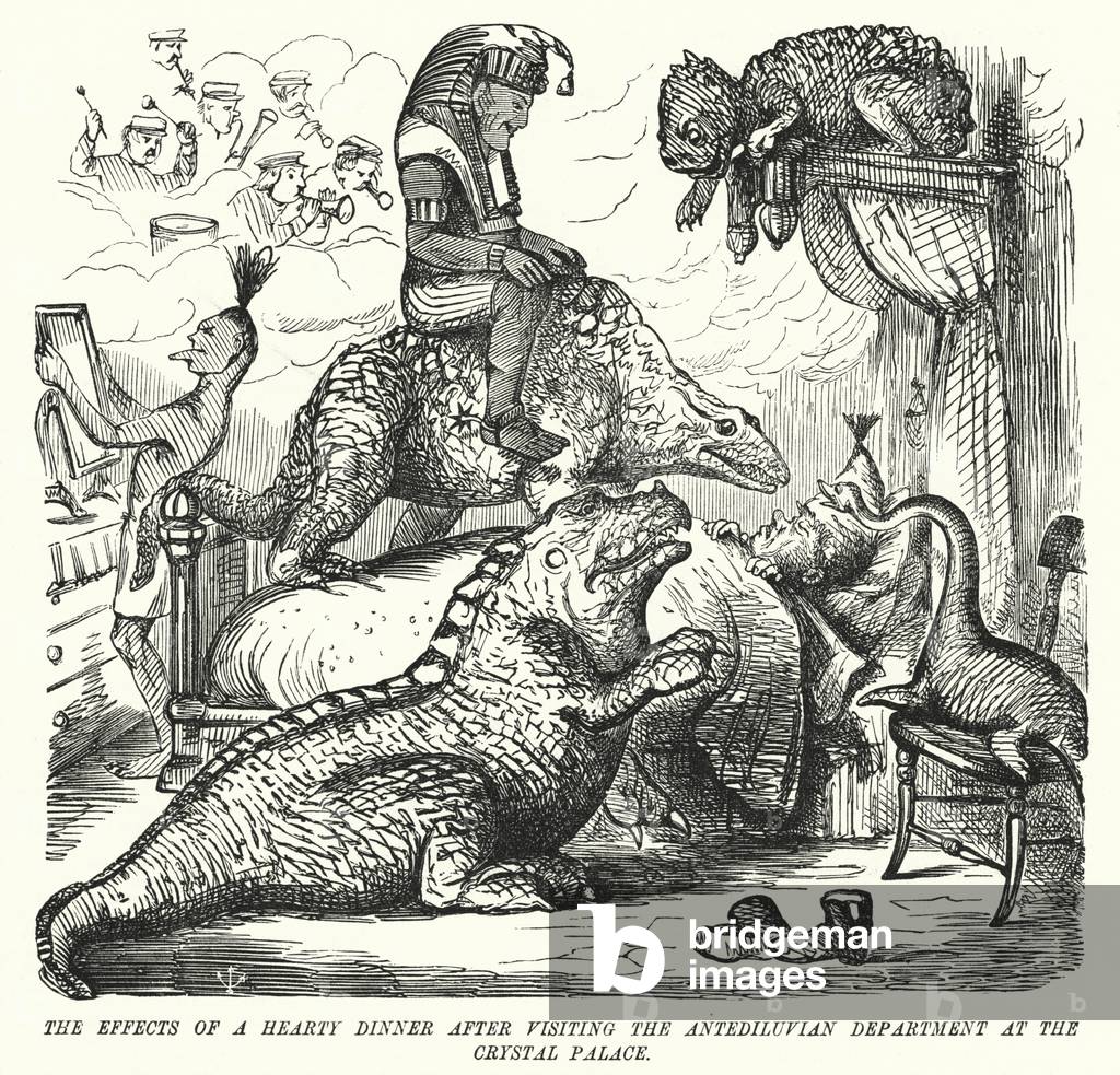 Punch cartoon: The Effects of a Hearty Dinner after Visiting the Antediluvian Department at the Crystal Palace - Benjamin Waterhouse Hawkins' dinosaur sculptures (engraving)