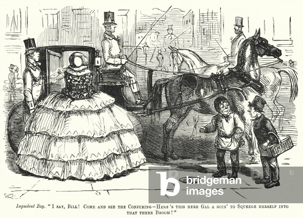 Punch cartoon: woman wearing a wide hoop skirt struggling to get into a carriage (engraving)