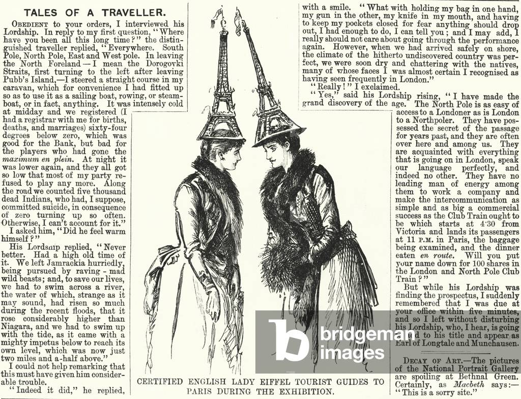 Punch cartoon: Certified English Lady Eiffel Tourist Guides to Paris during the Exhibition - Exposition Universelle, 1889 (engraving)
