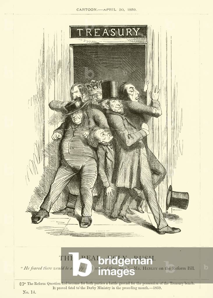 Punch cartoon regarding John Bright: The Real Ugly Rush, 30 April 1859 (engraving)