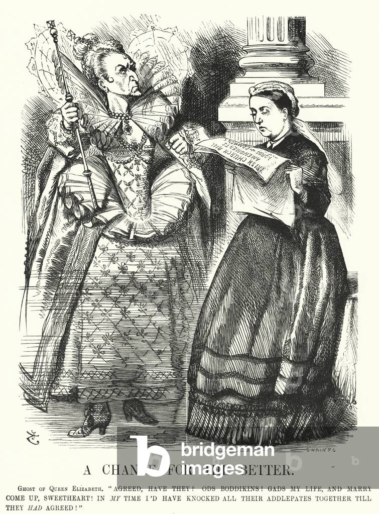 Punch cartoon: A Change for the Better - the passing of the Irish Church Act 1869 by the British Parliament (engraving)