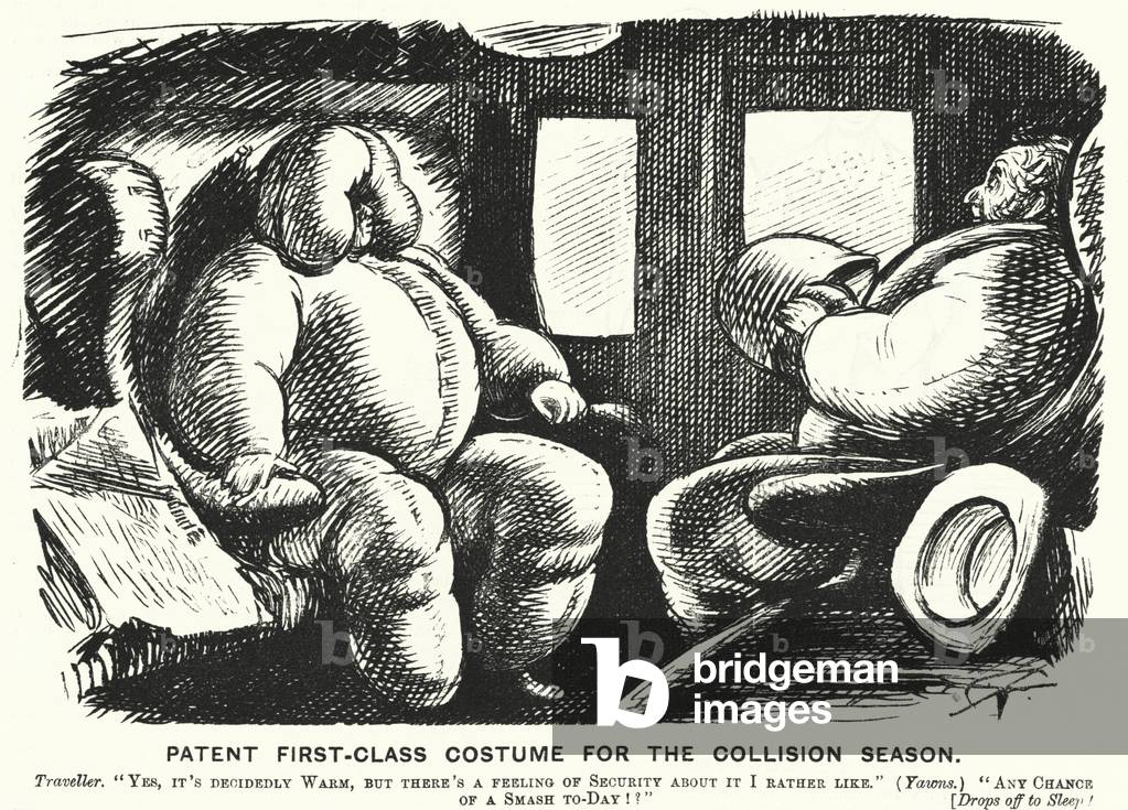 Punch cartoon: Patent First Class Costume for the Collision Season - safety on the railways (engraving)