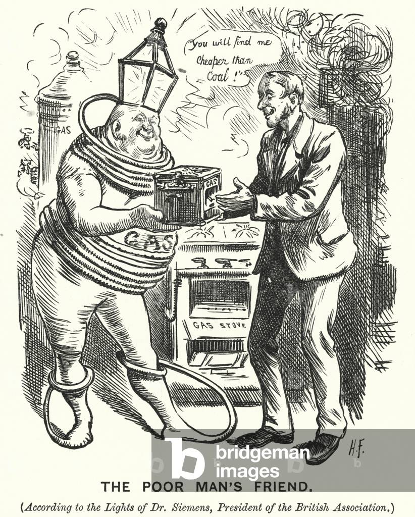Punch cartoon: The Poor Man's Friend - gas as a cheap alternative to coal (engraving)