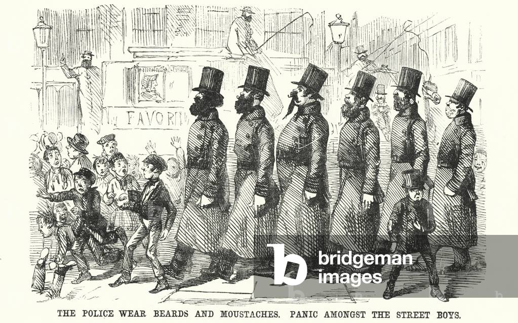 Punch cartoon: The Police Wear Beards and Moustaches. Panic amongst the Street Boys (engraving)