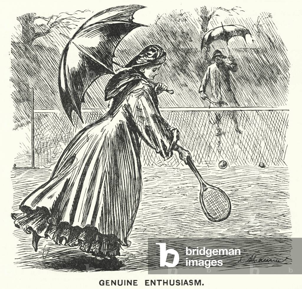 Punch cartoon: Genuine Enthusiasm - playing tennis in the rain (engraving)