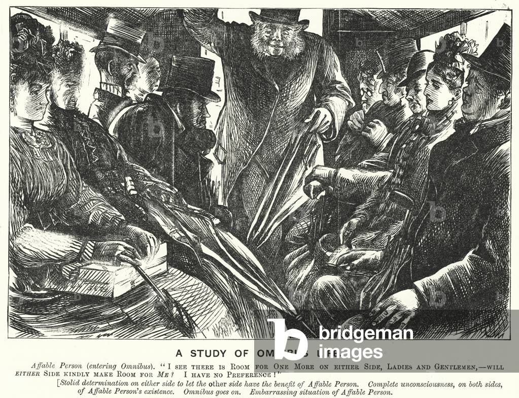 Punch cartoon: A Study of Omnibus Life - scene on a London bus (engraving)