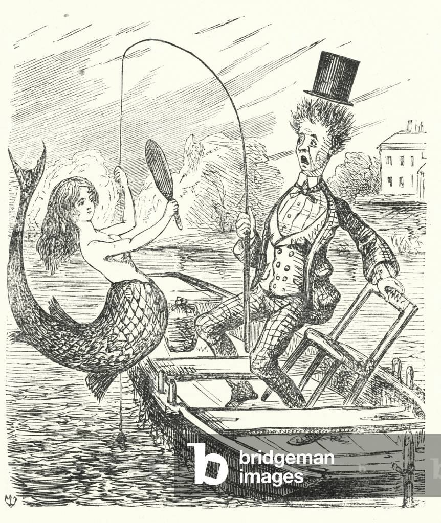 Punch cartoon: fisherman catching a mermaid (engraving)