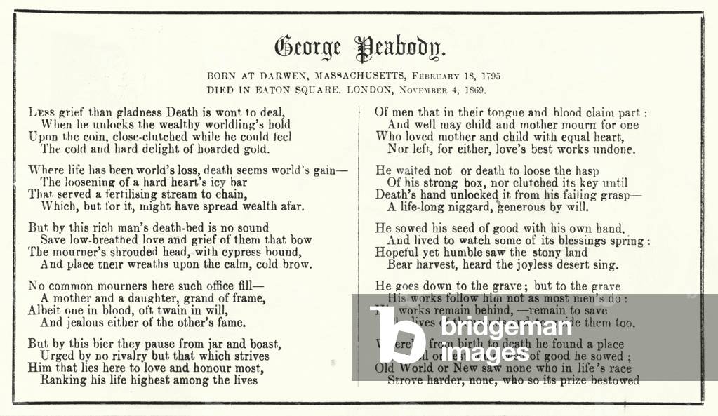 Punch cartoon: poem in memoriam of American financier and philanthopist George Peabody (1795-1869) (engraving)