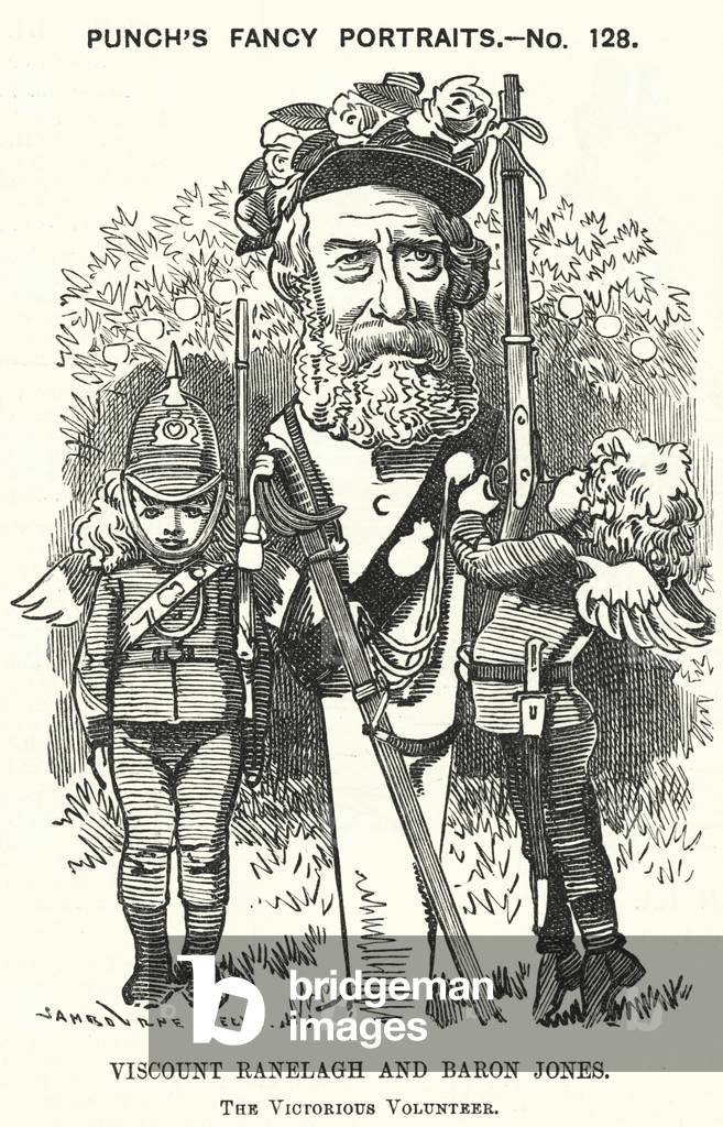 Punch cartoon: Thomas Heron Jones, 7th Viscount Ranelagh and Baron Jones of Navan, promoter of the volunteer movement for the British Army (engraving)