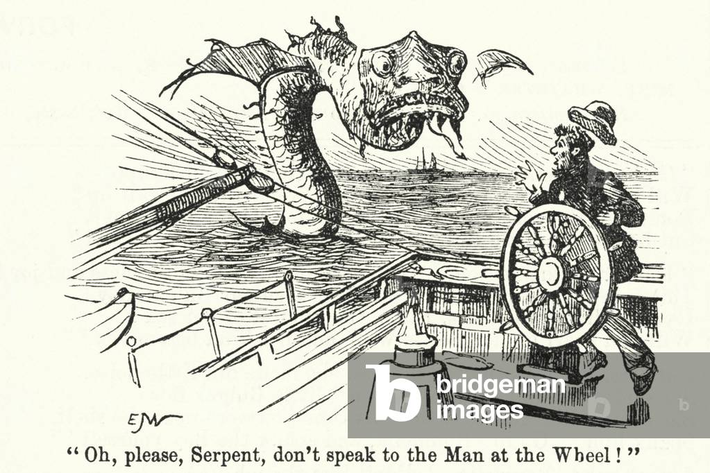 Punch cartoon: Helmsman of a ship menaced by a sea serpent (engraving)