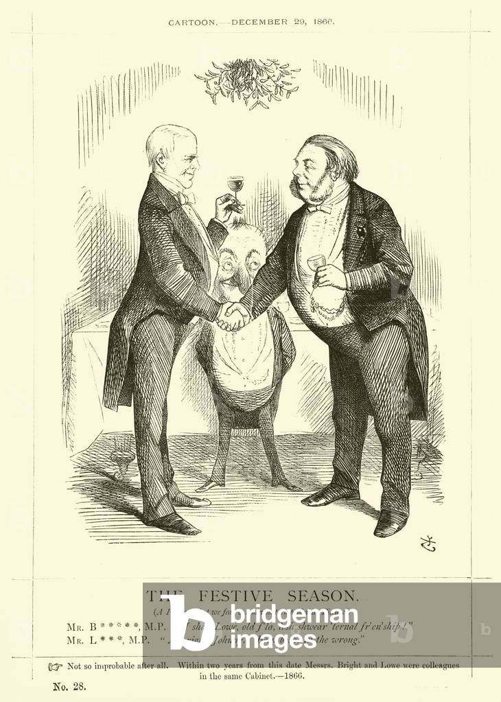 Punch cartoon regarding John Bright: The Festive Season, 29 December 1866 (engraving)