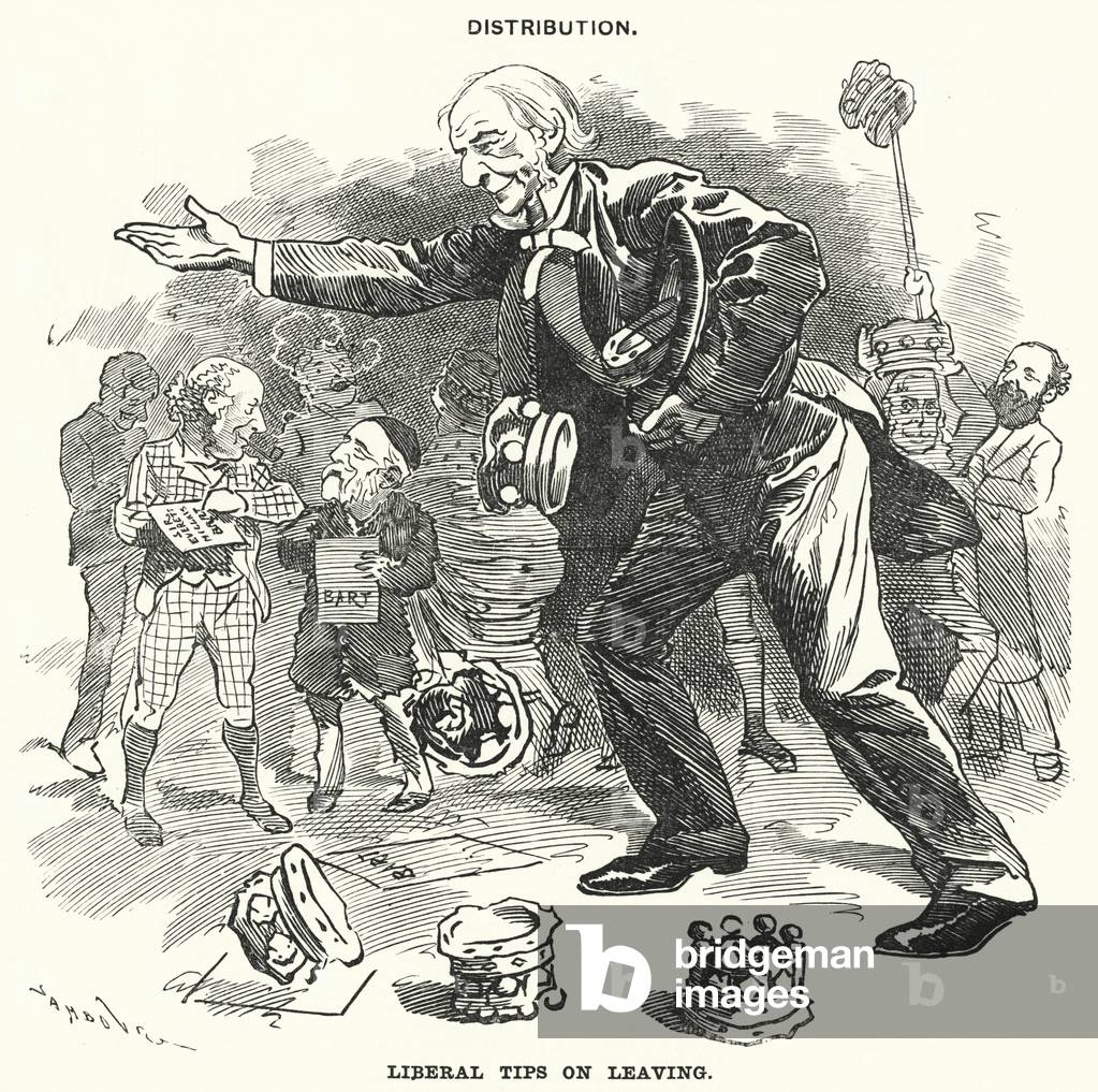 Punch cartoon: Distribution. Liberal Tips on Leaving (engraving)
